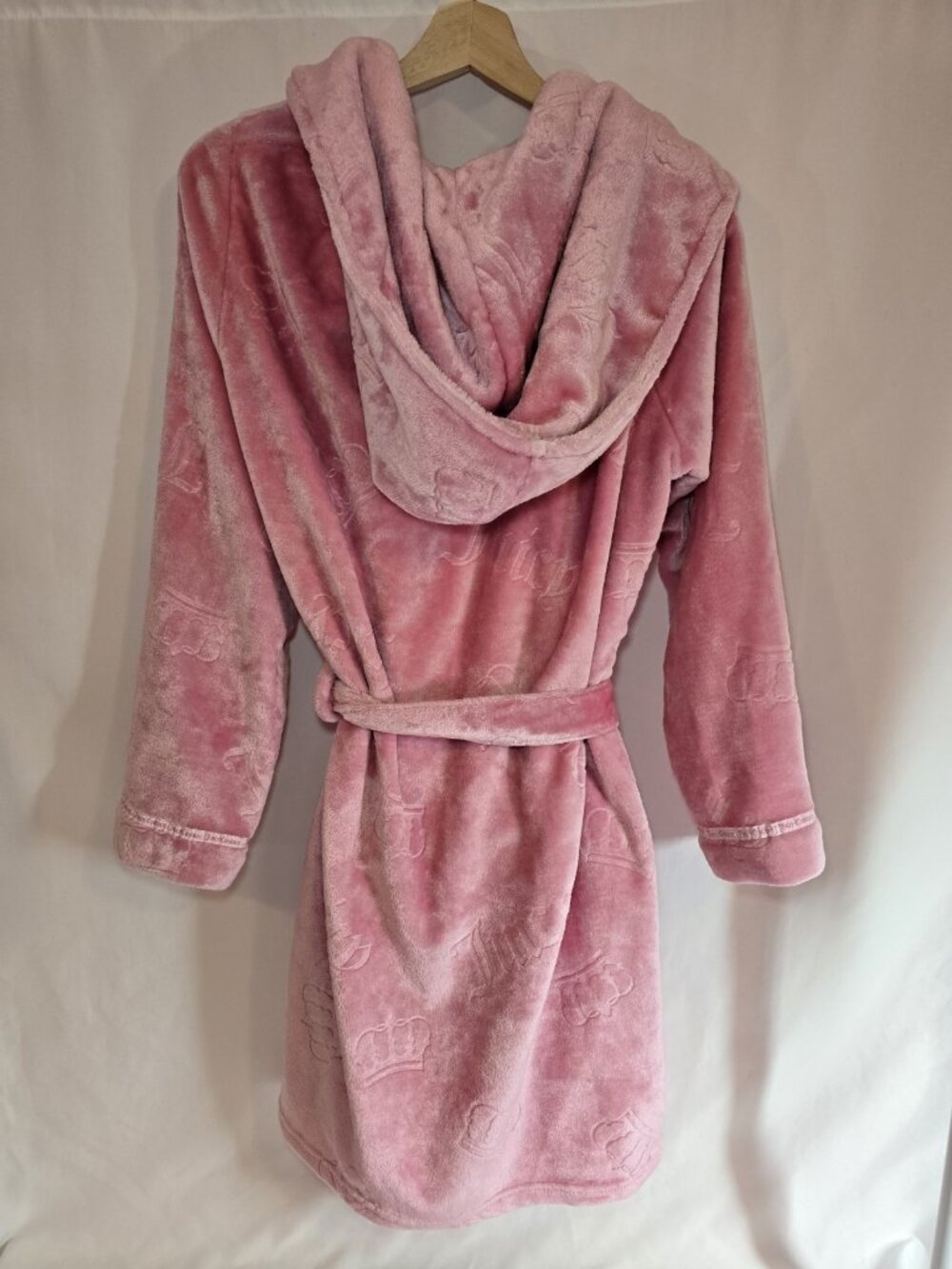 Juicy Couture Pink Plush Hooded Robe L/XL Embossed Logo Belted Soft Sleepwear - Picture 8 of 10